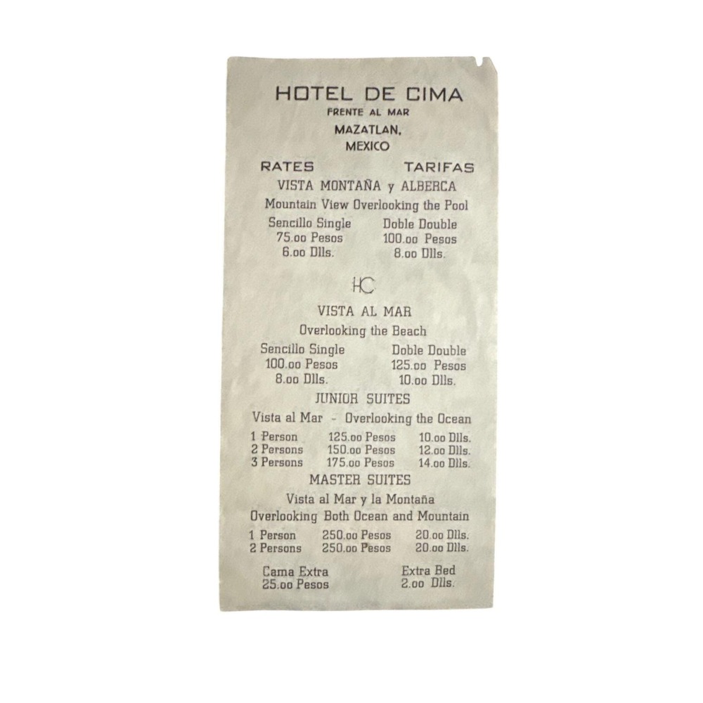 Hotel De Cima Rate Card Vintage Paper Ephemera Bilingual Paper Mexico